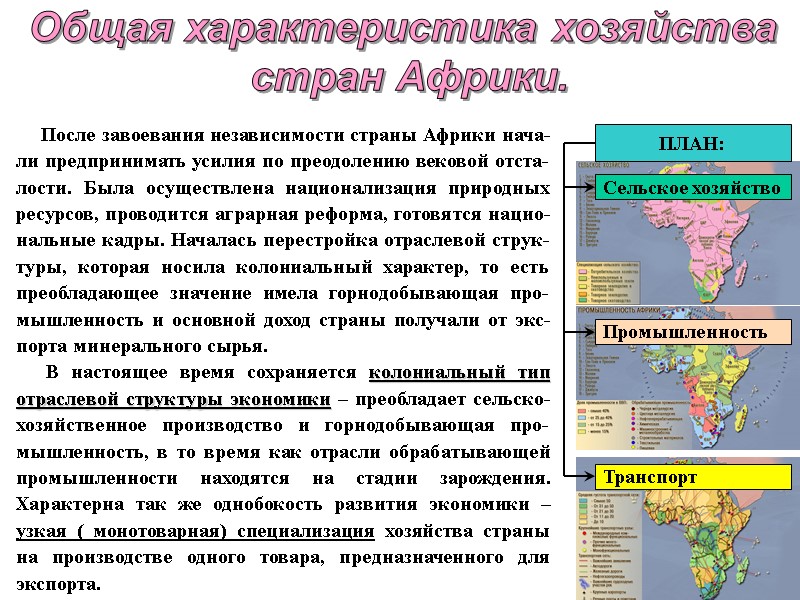 Общая характеристика хозяйства  стран Африки.      После завоевания независимости